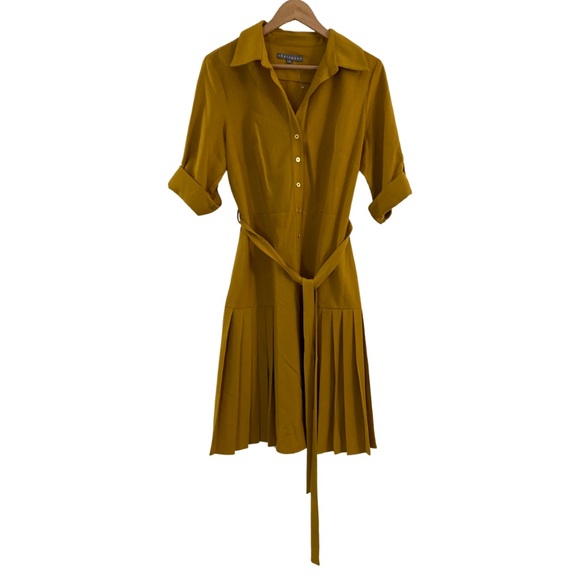 Sharagano Dresses & Skirts - Ladies Button Front, Gold Pleated Knee Length Belted Dress by Sharagano New York